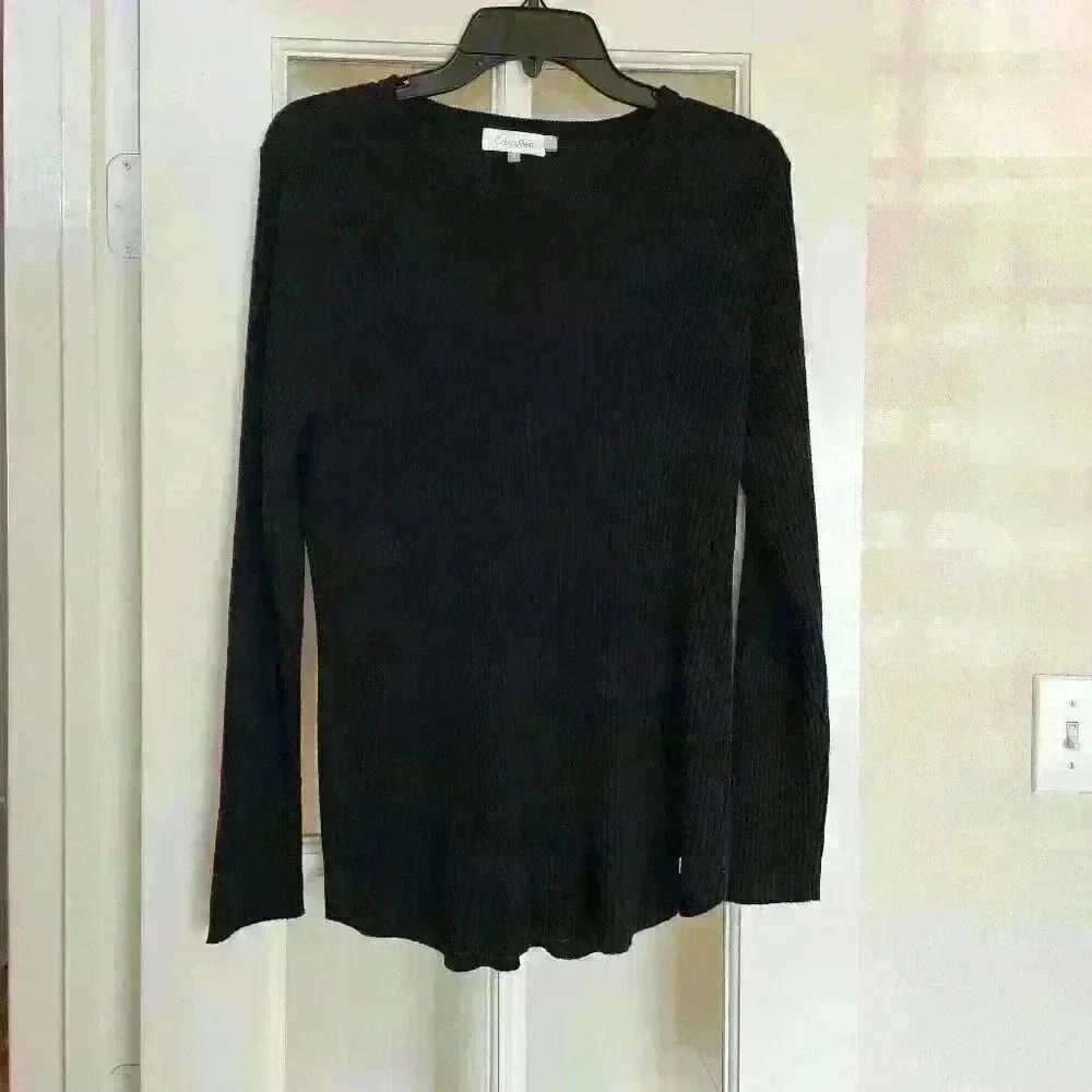 Calvin Klein Women's Black Ribbed Long Sleeve Large Business Casual Fall Winter